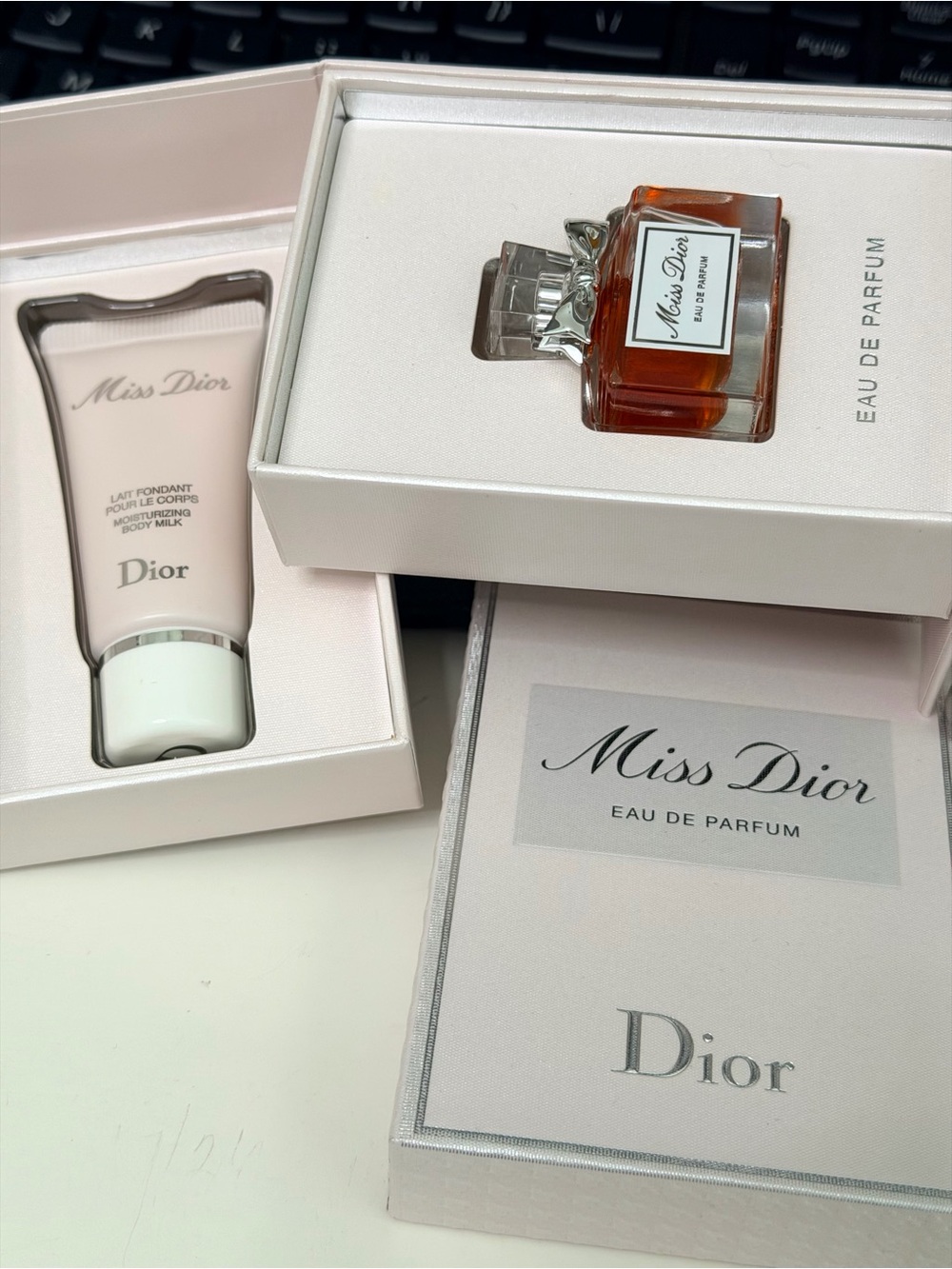 Dior Miss Dior Set with Pink Body Milk and Amber Perfume Bottle